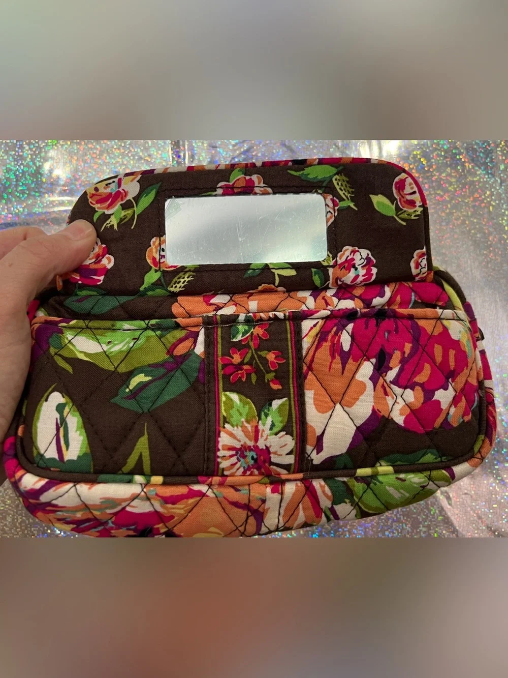 Vera Bradley Floral Cosmetic Bag Makeup Pouch Travel Case Mirror Quilted - Picture 5 of 6